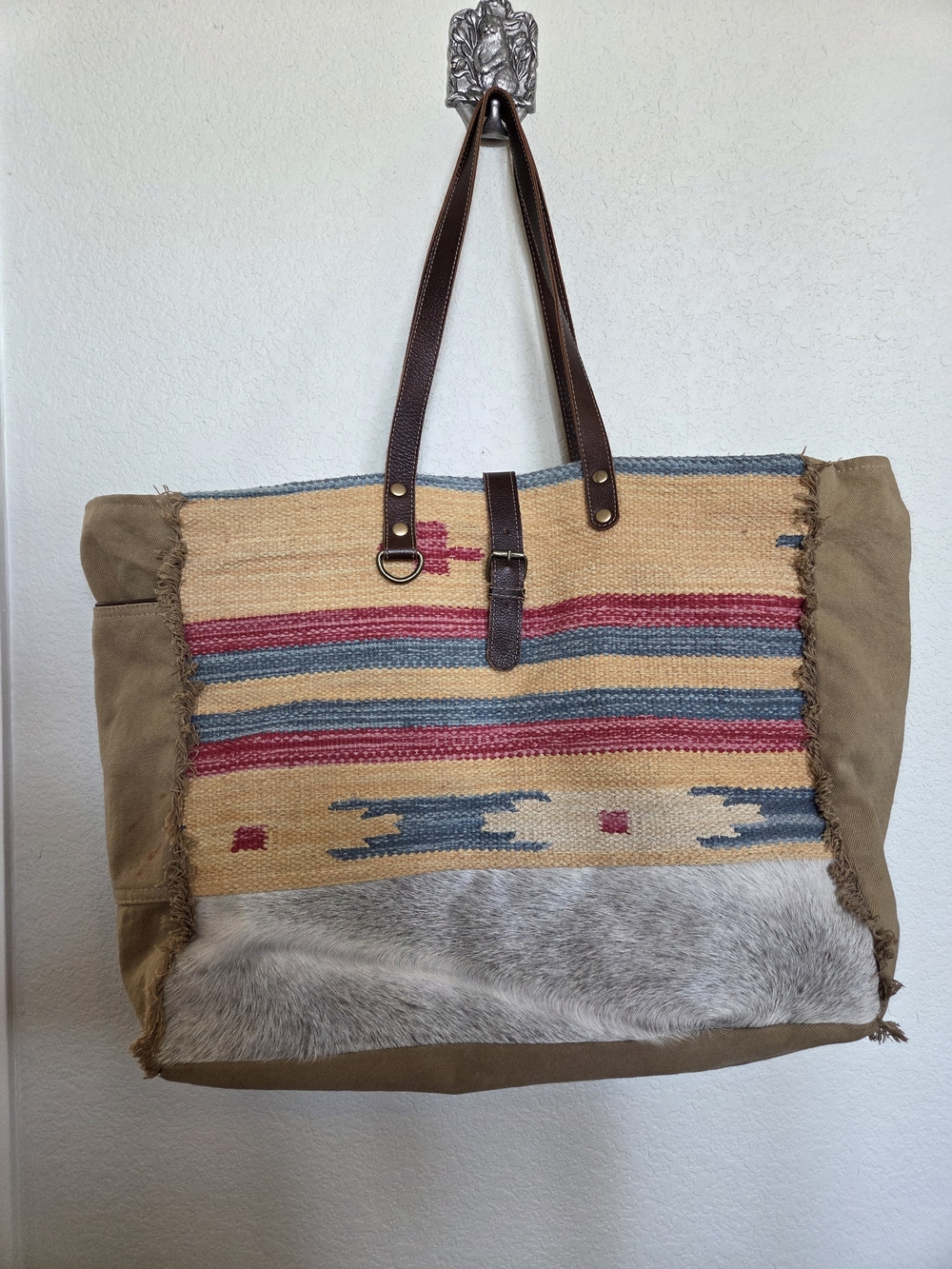Myra Bag Striped Boho Tote with Haircalf Accent - Brown, Red, Blue